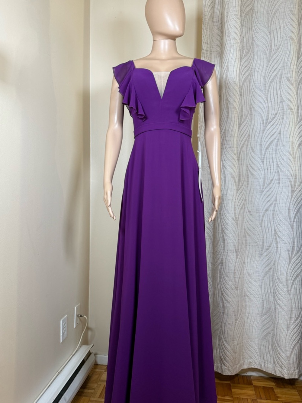 Elegant Purple Flutter-Sleeve Evening Dress